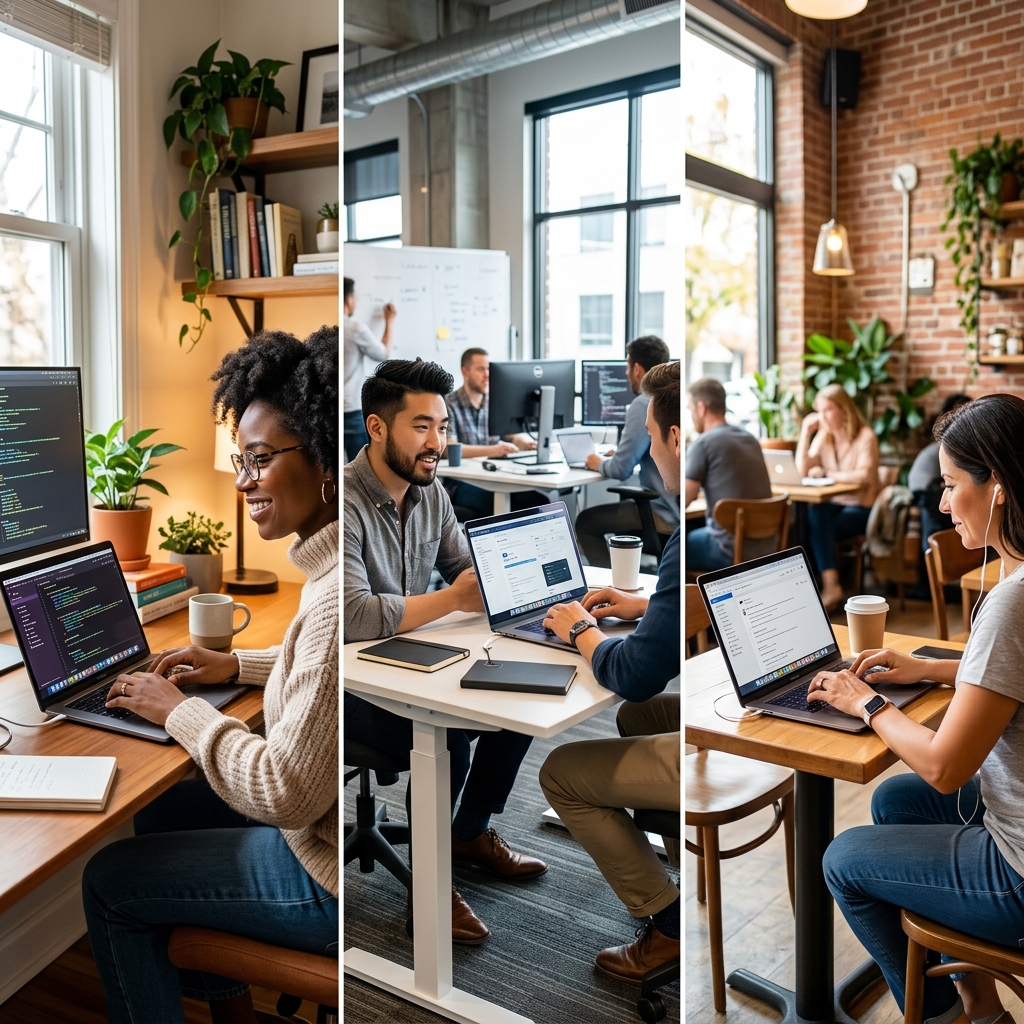 People working from home, office, and public places